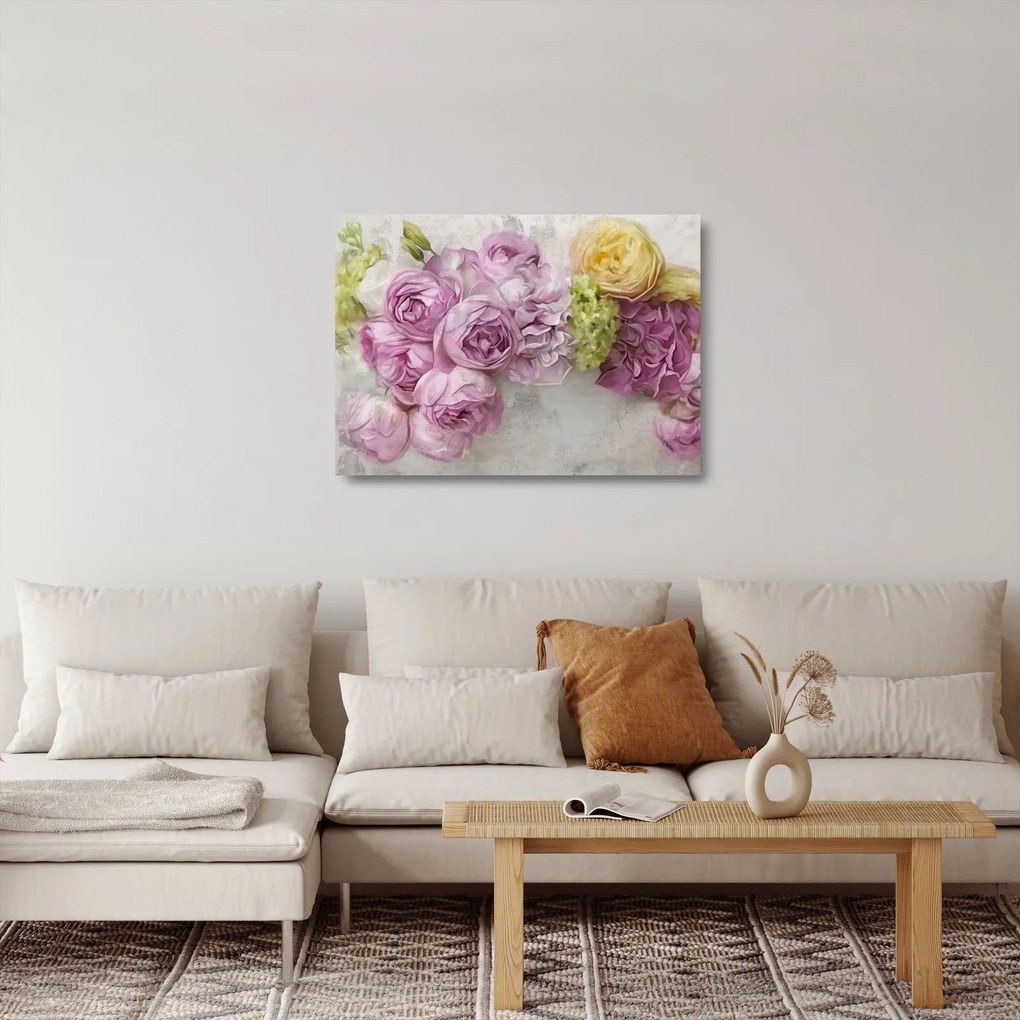 Obraz na szkle - Kwiaty na ścianie w pastelowych kolorach (70x50 cm)
