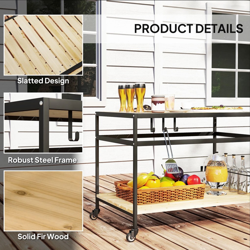 Outsunny Wózek Serwisowy Design Przemysłowy z 3 Hakami i Półką Czarny Naturalny 107x65x80cm | Aosom PL