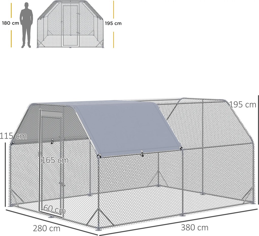 PawHut Kurnik Kurnik Woliera, z możliwością wejścia, zamknięte drzwi, na 10-12 kur, 280 cm x 380 cm x 195 cm, Szary