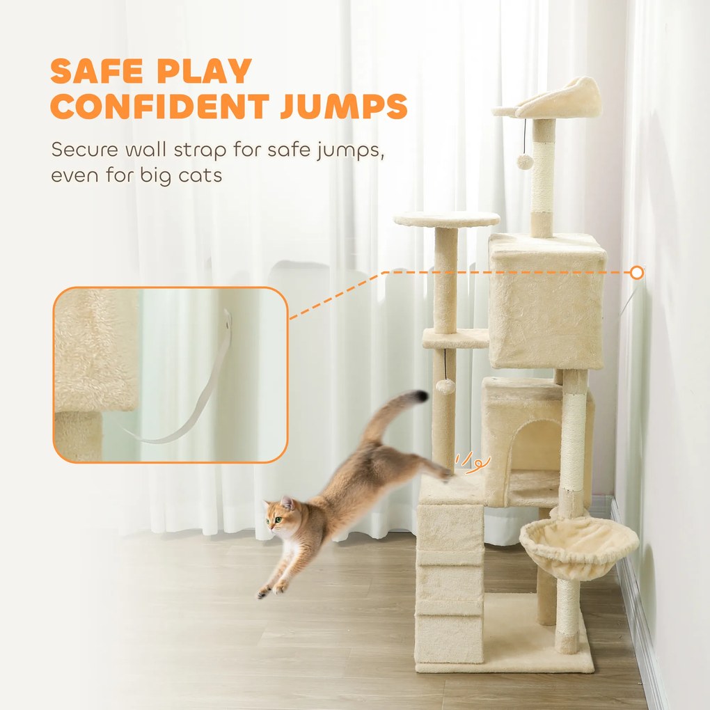 PawHut Drapak 160 cm wieża dla kota z hamakiem, drabinką, kryjówką, 2 pluszowymi piłeczkami, słupami z sizalu, 48 x 48 x 160 cm, Beżowy