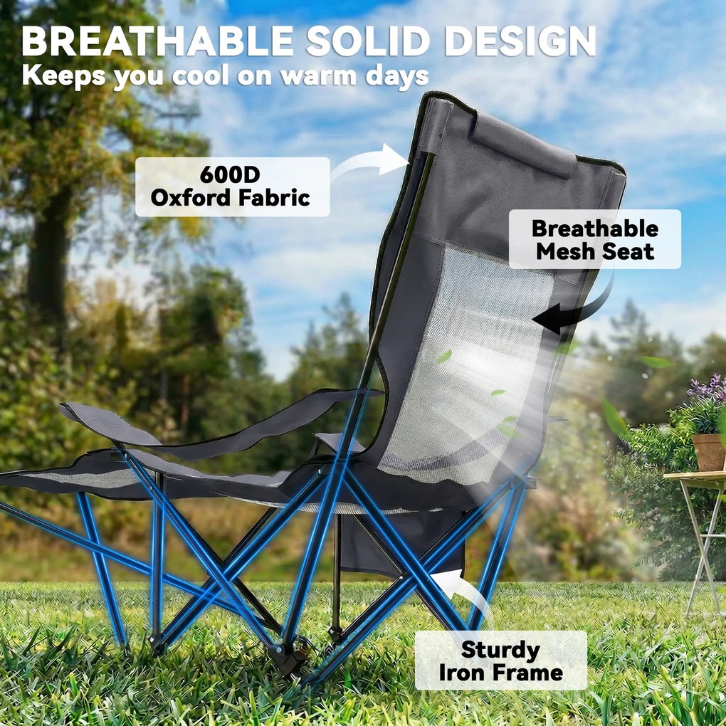 Outsunny Zestaw 2 składanych krzeseł kempingowych z regulowanym oparciem, podnóżkiem, uchwytem na napoje i zagłówkiem, ciemnoszary | Aosom PL