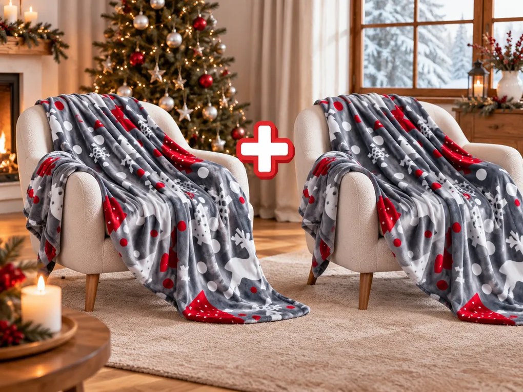 2x Szary świąteczny koc z mikropluszu CHRISTMAS MAGIC 150x200 cm