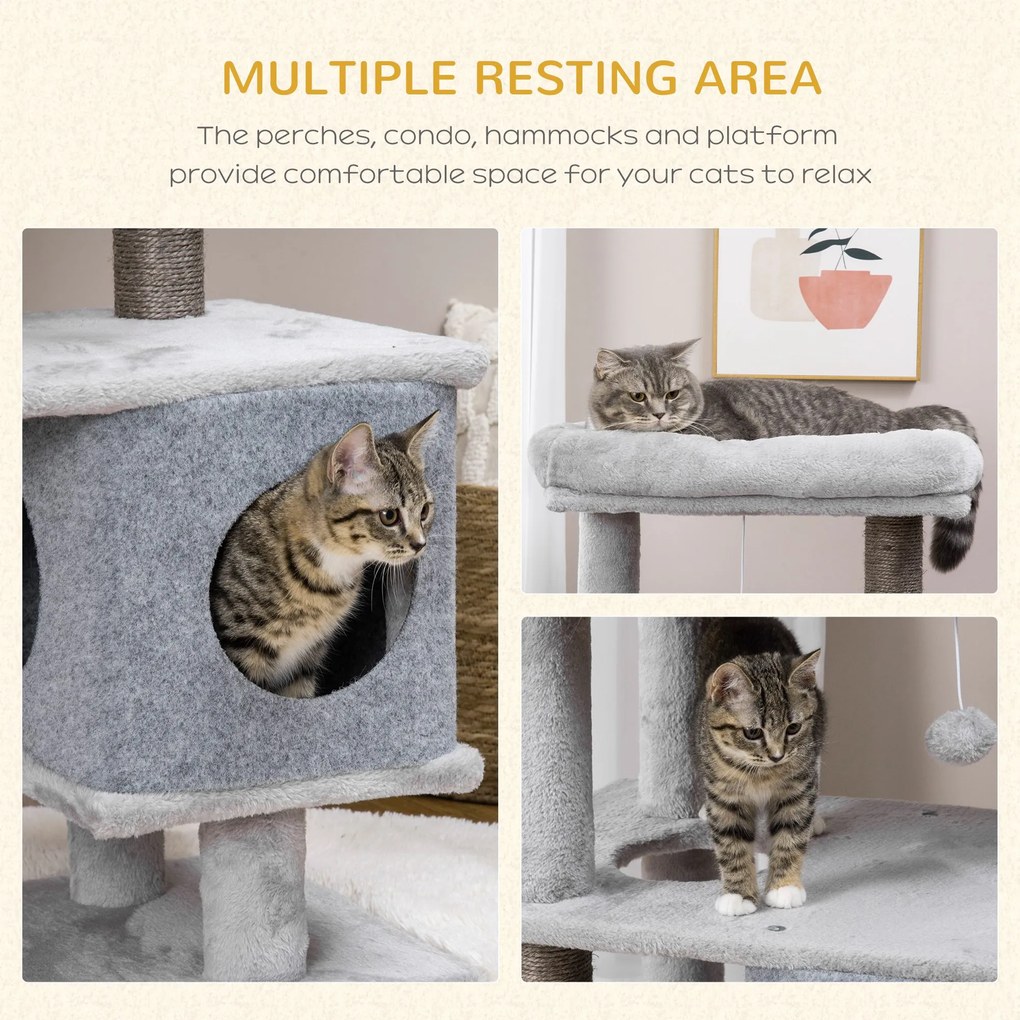 PawHut Drapak dla Kota Szary z 2 Domkami Platformami i Kula do Zabawy 60x40x142cm Bezpieczny i Stabilny | Aosom PL