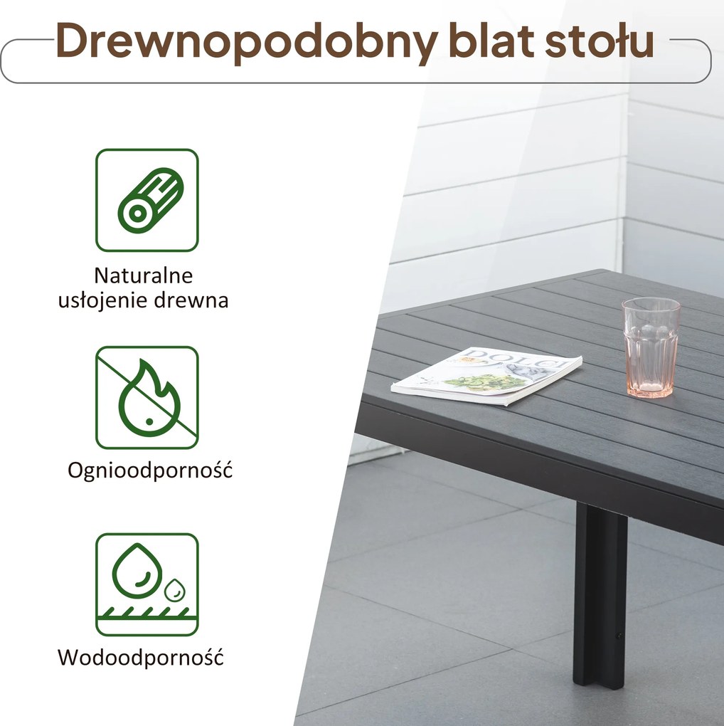 Outsunny Stół Tarasowy – Modny i Trwały, z Aluminium i Polidrewna, Czarny, 190x84,5x72 cm