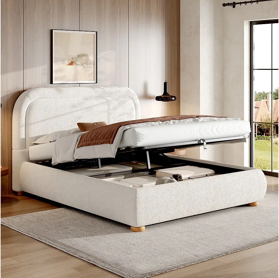 Oferta łóżka podwójnego - 160 x 200 cm - z zagłówkiem tapicerowanym + schowek hydrauliczny - pętla - kolor biały