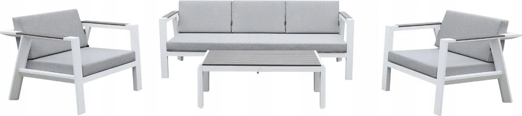 Zestaw mebli ogrodowych biały aluminium sofa fotele stolik drewniane detale