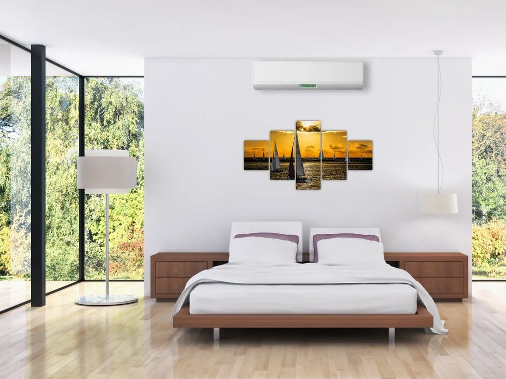Obraz jachtu o zachodzie słońca (125x70 cm)
