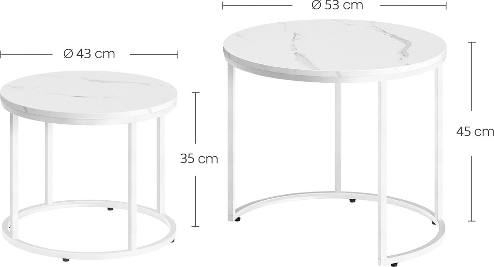 Stolik kawowy okrągły 2szt - marmur / nogi białe