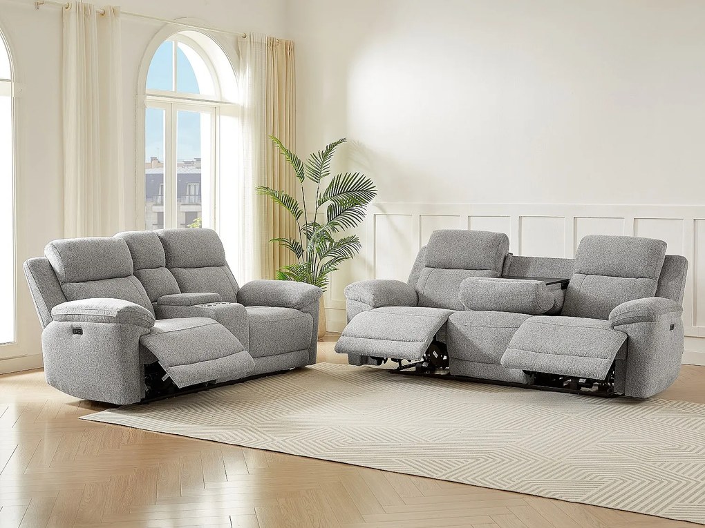Kanapa 3-osobowa,  2-osobowa z elektryczną funkcją relaksu, w tkaninie melanżowej szarej KELUNO