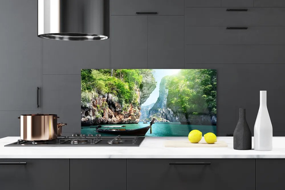 Szkło do Kuchni na Ścianę Łódka Na Górskim Jeziorem