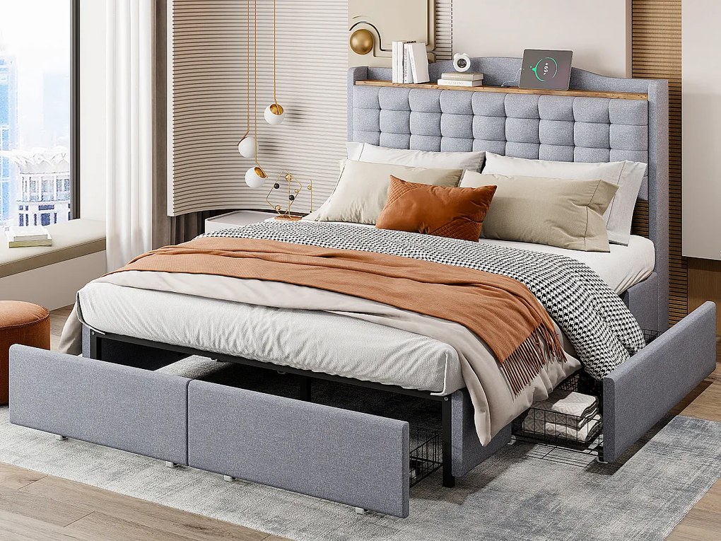Łóżko tapicerowane 140 x 200 cm z 4 szufladami i półką - port ładowania USB - szare
