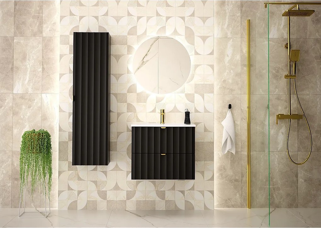 Czarna Szafka Łazienkowa pod Umywalkę 60cm Ryflowane Fronty Arcos