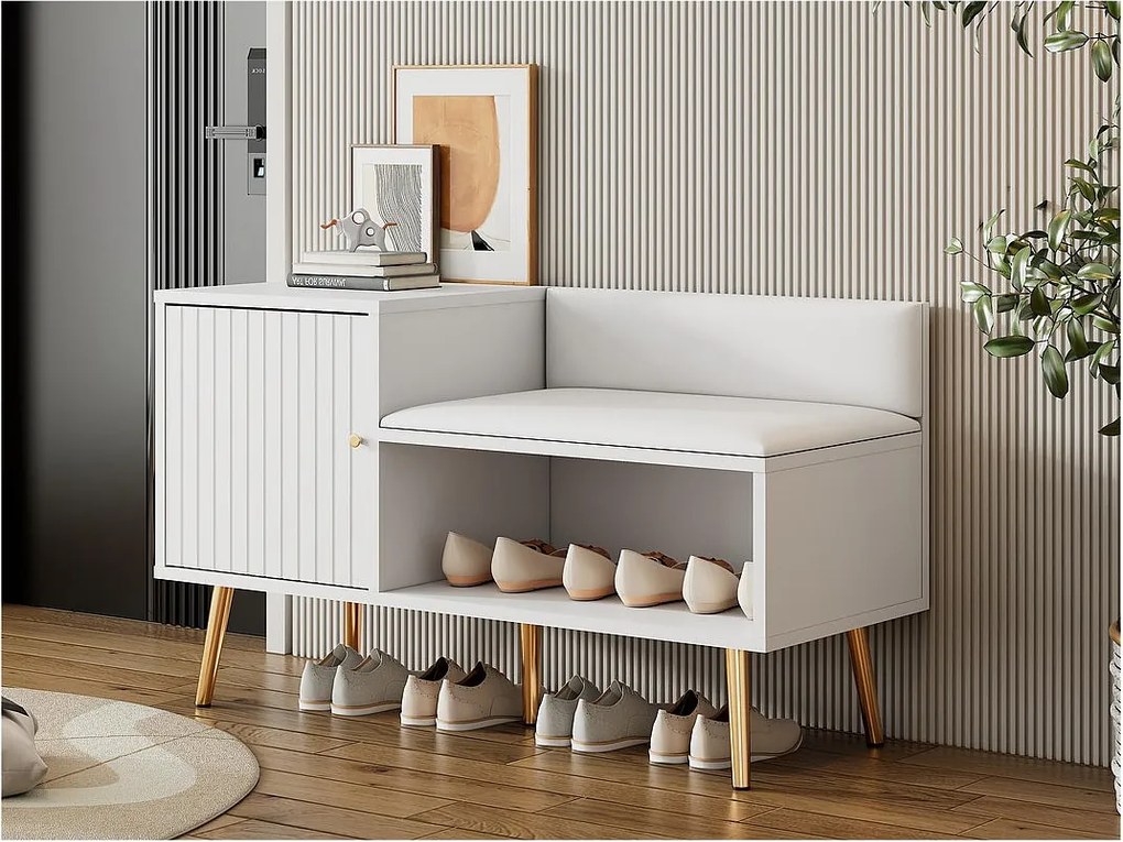 Szafka na buty - z siedziskiem i 2 przegrodami - z metalowymi uchwytami i nogami - styl nowoczesny - Biały