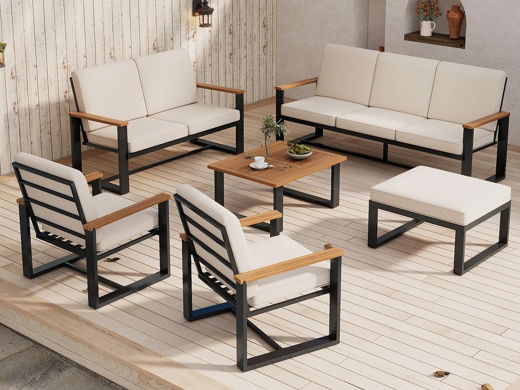 Salon ogrodowy 7-8 osób - z lekkiego żelaza ocynkowanego - 1 kanapa 3-osobowa - 1 kanapa 2-osobowa - 2 fotele i stolik kawowy - 1 taboret - Beżowy