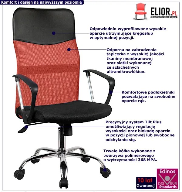 Czerwony ergonomiczny fotel obrotowy - Bevo