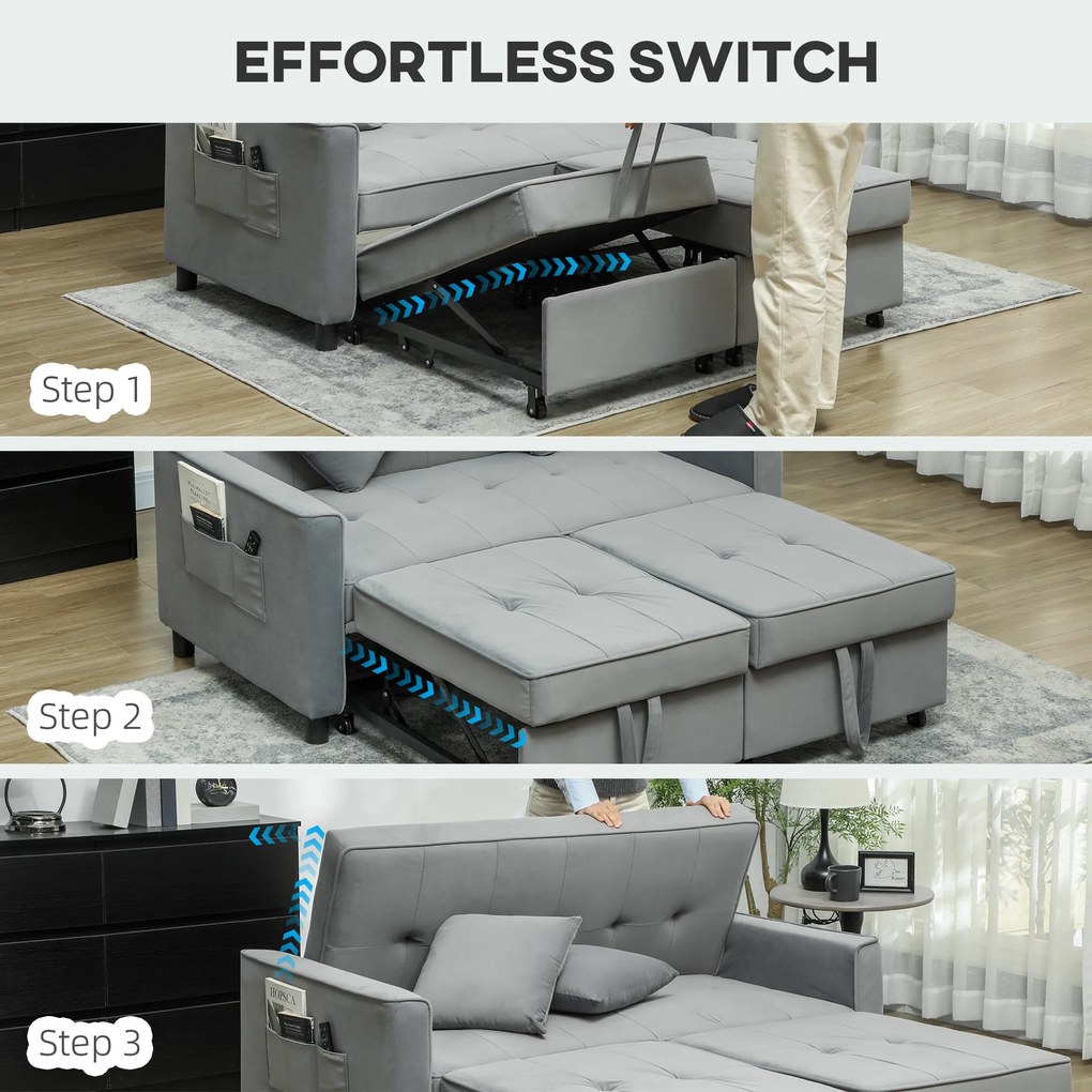 HOMCOM Sofa 4 w 1, regulowana sofa, sofa łóżko, z poduszkami, obicie z tkaniny, do salonu, sypialni, szara