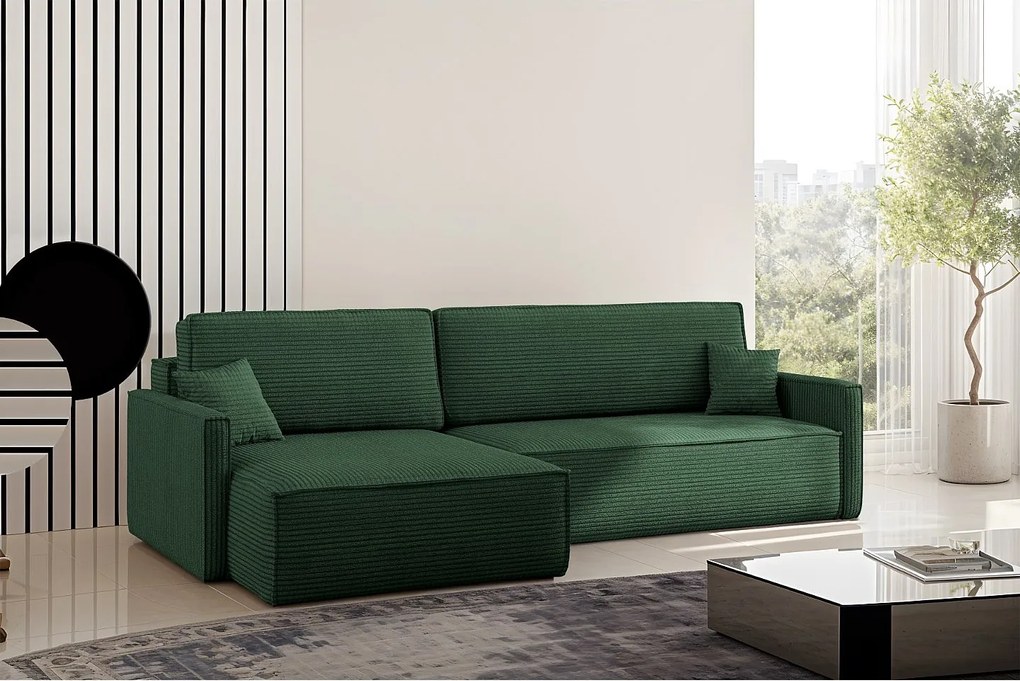 Narożnik z funkcją spania i pojemnikiem w kształcie L Carlos, tkanina Poso, Zielony, Lewy