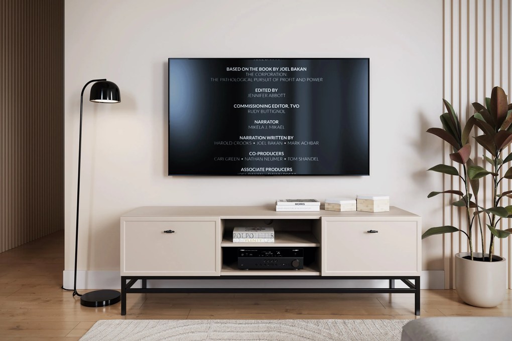 Szafka RTV Lorini 150 cm z szufladami - kaszmir / czarne uchwyty T-bar / stelaż