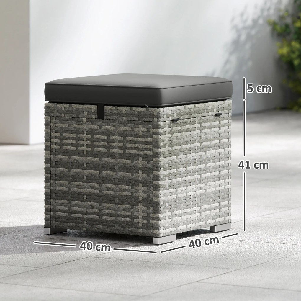Outsunny Zestaw 2 Stołków Rattanowych z Poduszką, Ukryte Miejsce do Przechowywania, Do 120 kg, 40x40x41 cm, Ciemnoszary