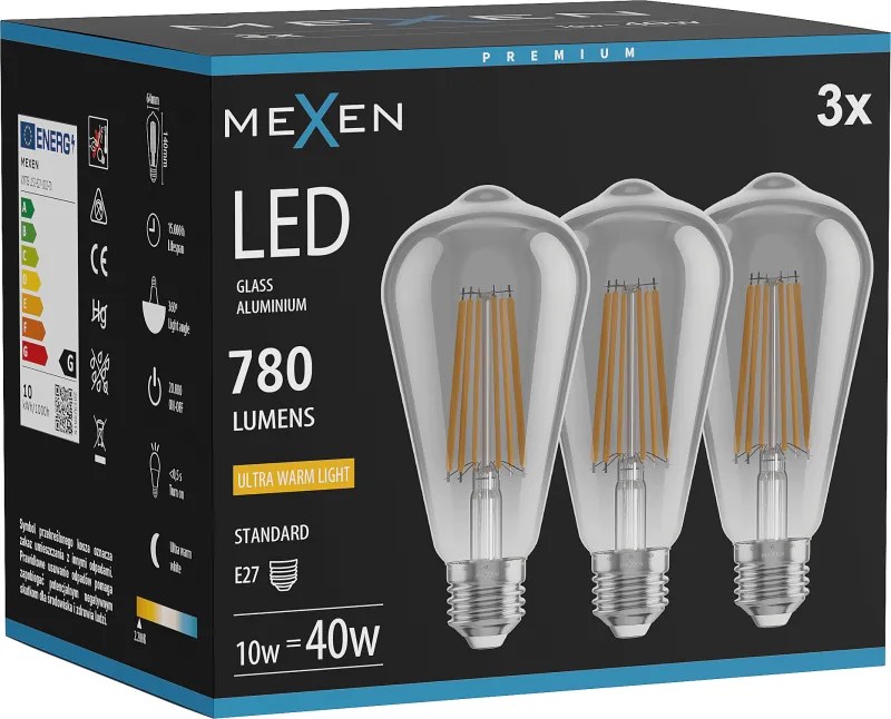 Mexen Vintis 3x żarówka filament LED E27, ST64, 10W, Ciepła - 2200K, 780 lm, smoke - L152-E27-1022-70x03