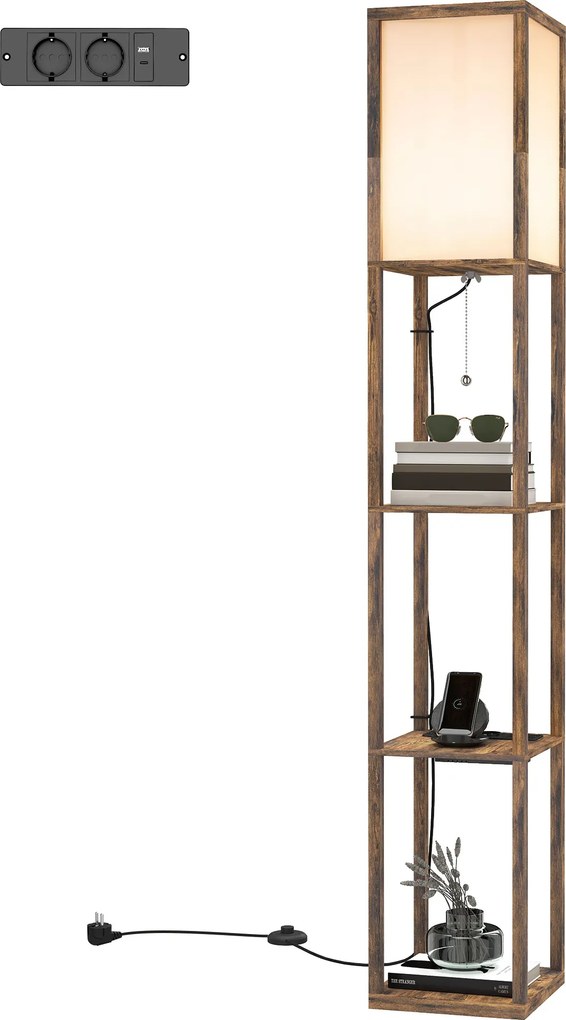 HOMCOM Lampa stojąca LED z półkami, lampa z przełącznikiem nożnym i portami USB, regulowana temperatura barwowa, rustykalny brąz | Aosom PL