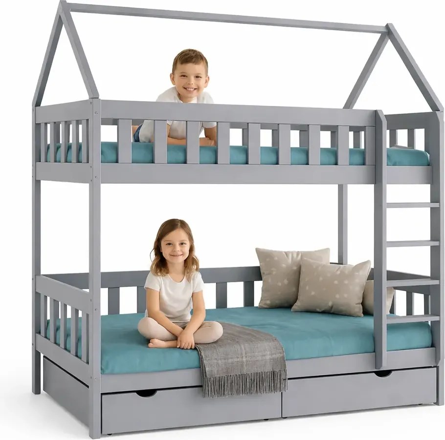 Szare skandynawskie łóżko piętrowe domek dla dzieci C4-E73