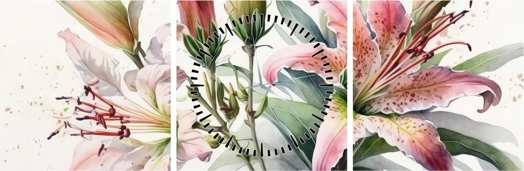 Obraz - Lilie, ilustracje (z zegarem) (90x30 cm)