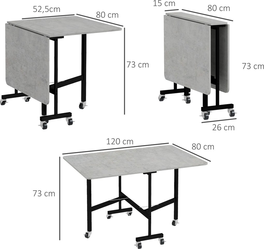 HOMCOM Składany stół na kółkach dla 4-6 osób stelaż stalowy szary 52,5-120x80x73 cm | Aosom PL