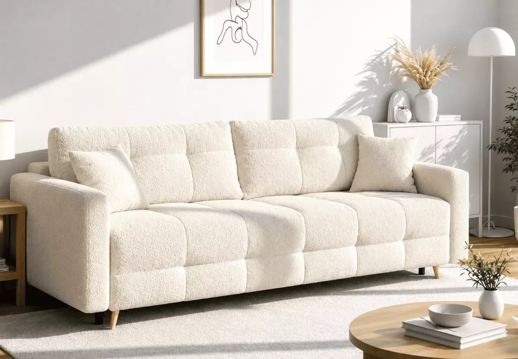 Nowoczesna sofa Elivo z funkcją spania i pojemnikiem na pościel w kolorze beżowym