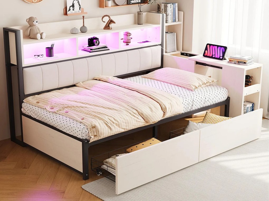 Sofa rozkładana 90x200 cm - z gniazdkami - z oświetleniem LED - z 2 dużymi szufladami - z wysuwanym biurkiem - Biały