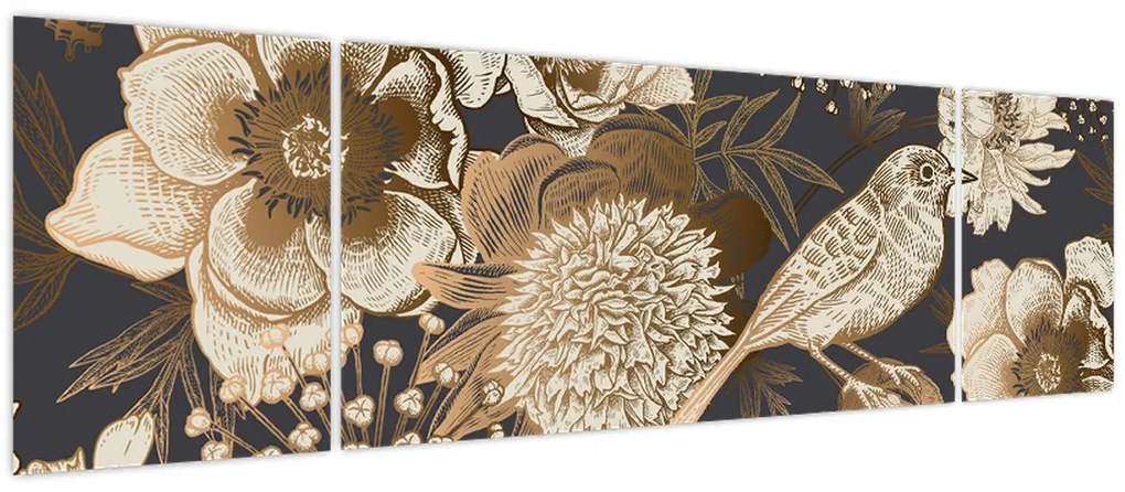 Obraz złotych kwiatów na ciemnym tle (170x50 cm)