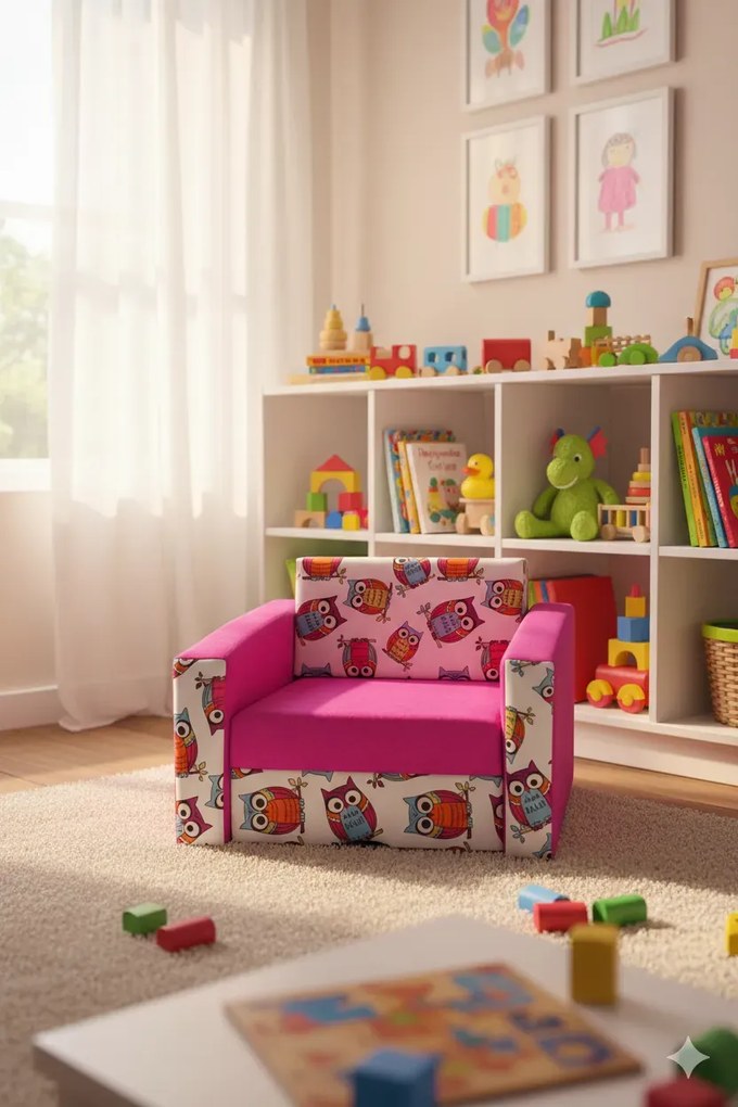 Rozkładany fotel amerykanka różowy + sowy R1-P15