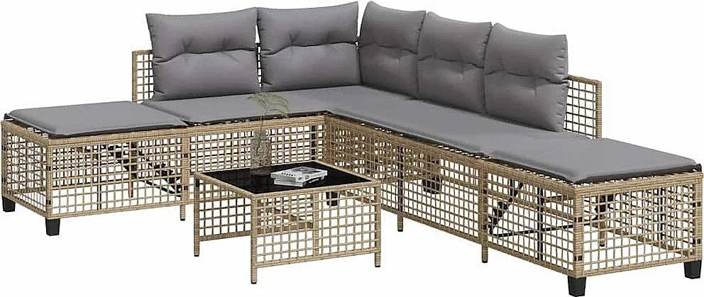 Zestaw ogrodowy narożny 3-częściowy z beżowej plecionej żywicy z szarymi poduszkami, regulowanymi bocznymi siedziskami i stołem ze szkła hartowanego