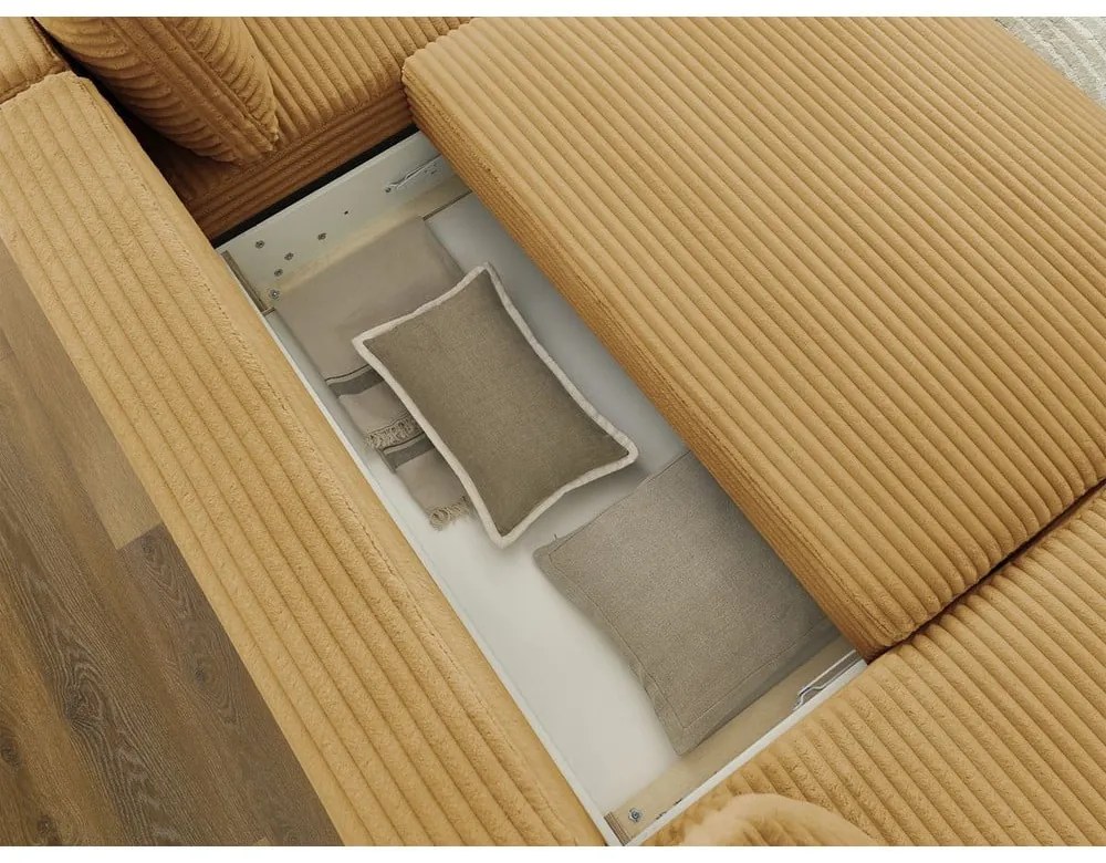 Musztardowy sztruksowy rozkładany/ze schowkiem narożnik (prawostronny/w kształcie litery U) Lucien – Bobochic Paris