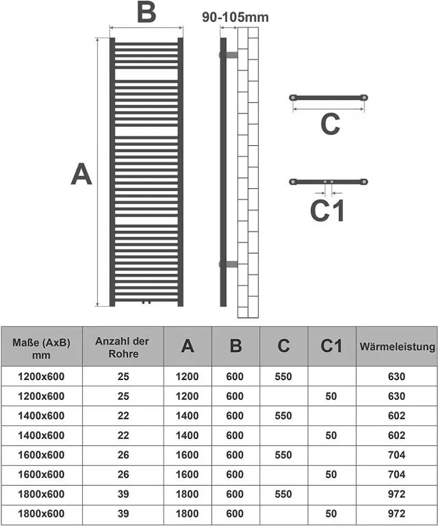 AQUAMARIN Grzejnik łazienkowy pionowy 140 x 60 cm, biały