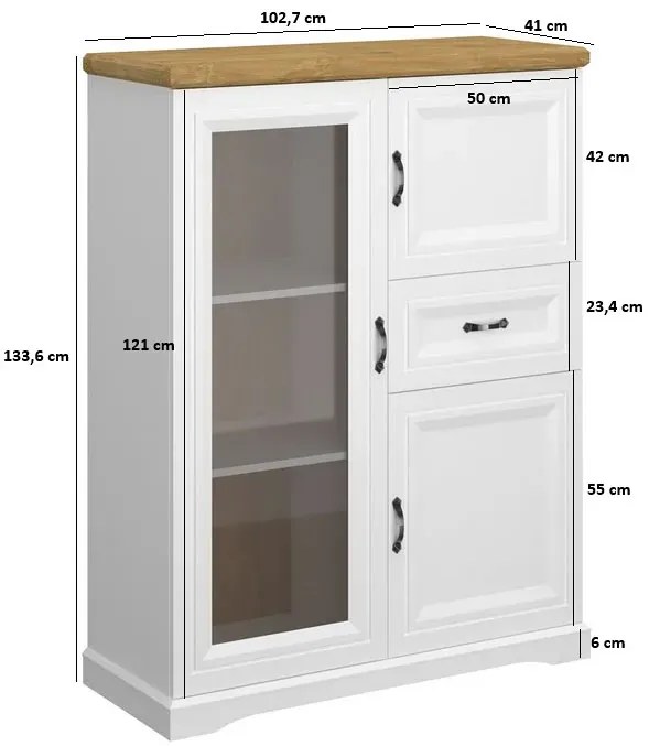 Niska witryna do salonu, jadalni biały + dąb harbor E2-R89