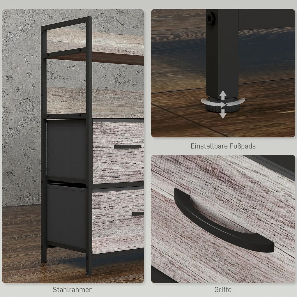 HOMCOM Komoda z tkaniny, 5 składanych szuflad, 2 półki, Stelaż stalowy, 98 x 29 x 85 cm, Szara