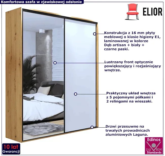 Szafa z lustrem dąb artisan + biały + czarne paski - Estori 3X