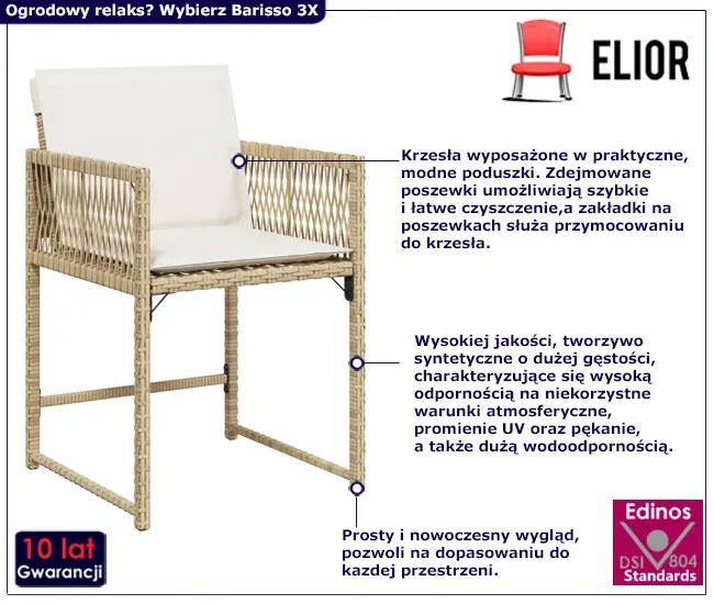Beżowy zestaw krzeseł ogrodowych z poduszkami 4 szt. S5-S68