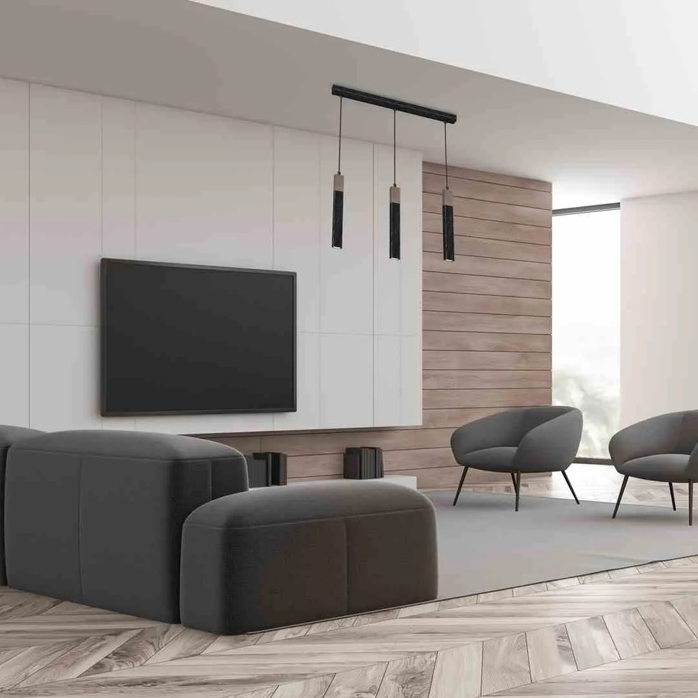 Lampa wisząca, czarna, potrójna SOLO SAWN BLACK / PATINATED WOOD 3x mini GU10