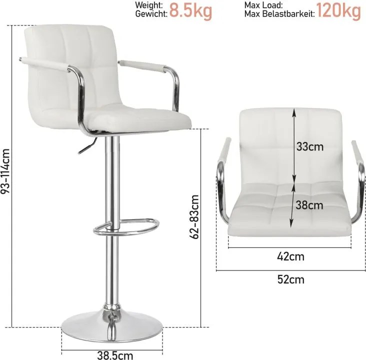 MIADOMODO Krzesło barowe 2 szt, z podłokietnikami, białe