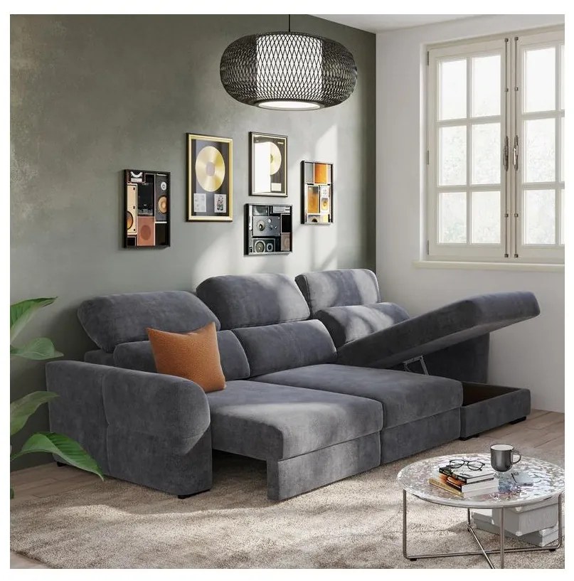 Uniwersalna narożna, rozkładana sofa trzyosobowa z pojemnikiem TRENTO, antracyt