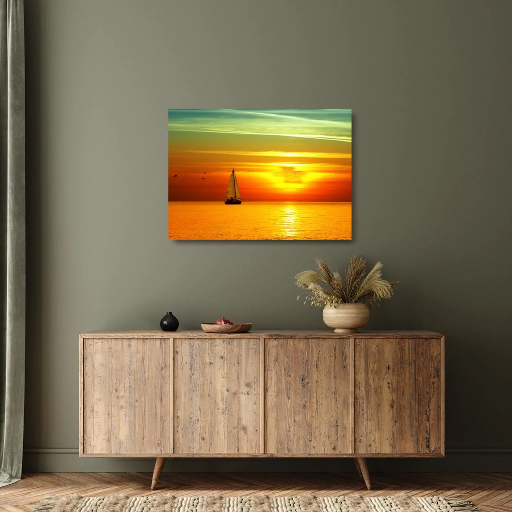 Obraz na szkle - zachód słońca z jachtem (70x50 cm)