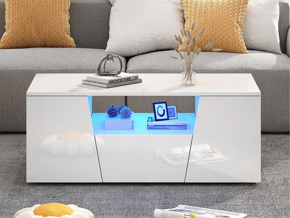 Stolik kawowy wysokiego połysku 100×50×40 cm - z oświetleniem LED - 2 drzwi i 1 szuflada - biały