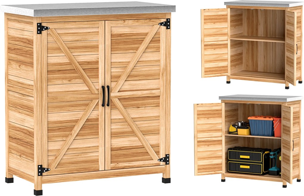 Outsunny szafka ogrodowa z wewnętrzną półką i blatem roboczym, z drewna świerkowego i ocynkowanej stali, 79x43x92 cm, kolor drewna | Aosom PL