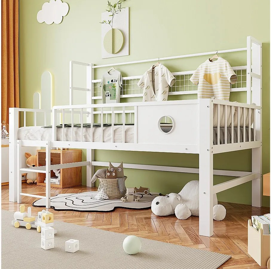 Łóżko dziecięce niskie piętrowe - 90 x 200 cm - z metalową ramą i schowkami - białe