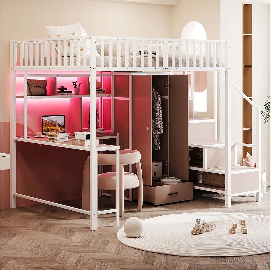Łóżko piętrowe metalowe dla dzieci - 140 x 200 cm - z biurkiem + półką + szafą + szufladą + drabinką + diodami LED - białe