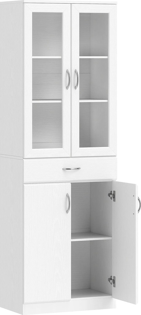 HOMCOM Szafka kuchenna wysoka kredens biały z szufladą regulowaną półką i szklanymi drzwiami 60x35x180 cm | Aosom PL