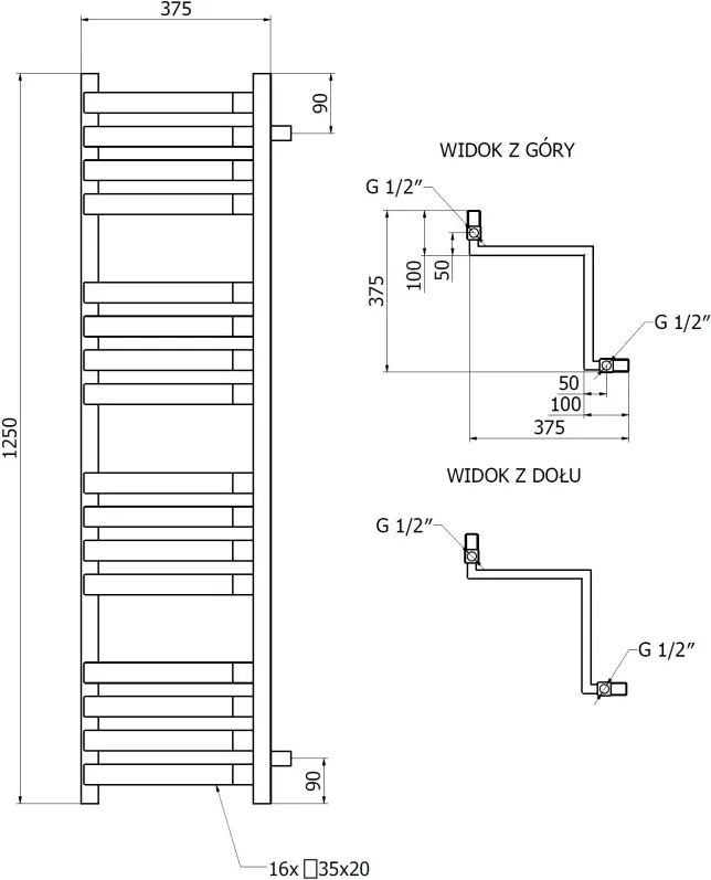 Mexen Loop grzejnik łazienkowy narożny 1250 x 375 mm, 666 W, czarny - W129-1250-350-00-70