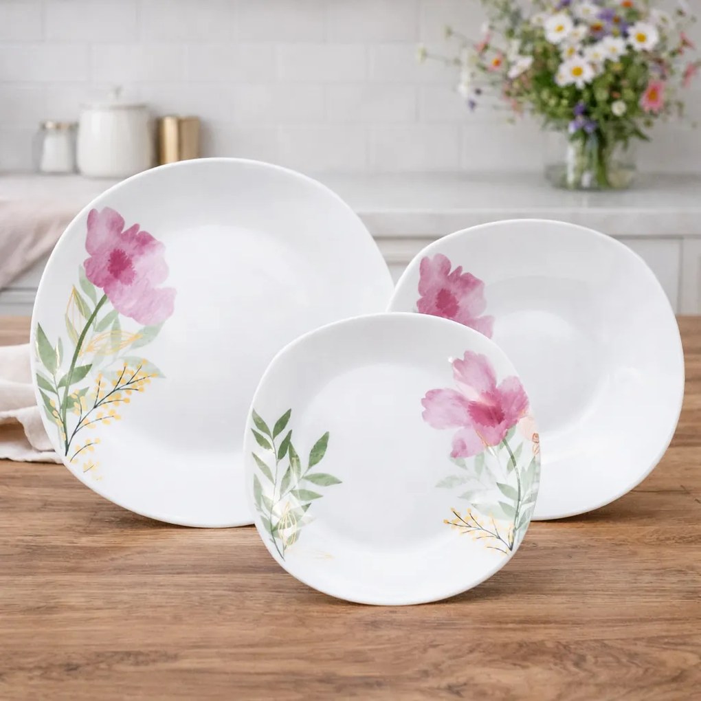 Home Elements 18-częściowy zestaw obiadowy Różowy mak